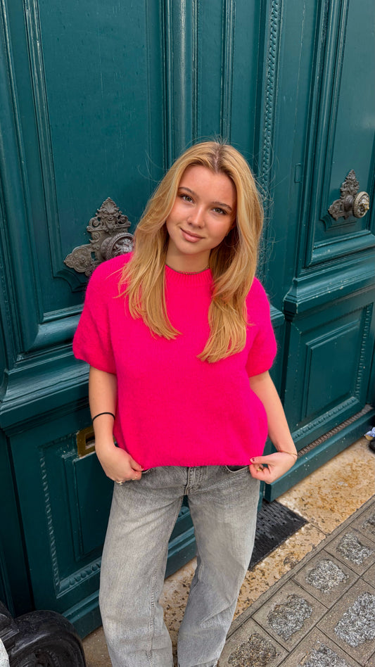 Pull mohair manche courte rose