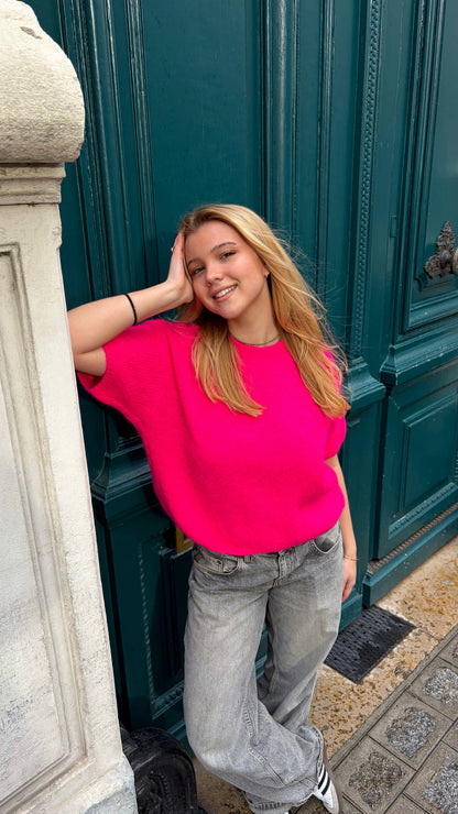 Pull mohair manche courte rose